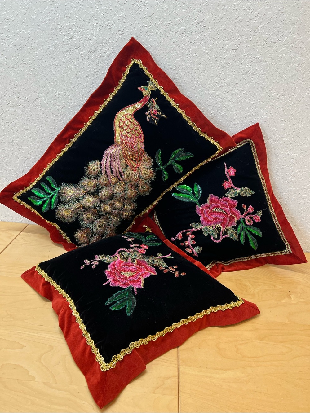 Set of 3 pillowcases black & Red Velvet Embroidered Peacock and Floral Accent